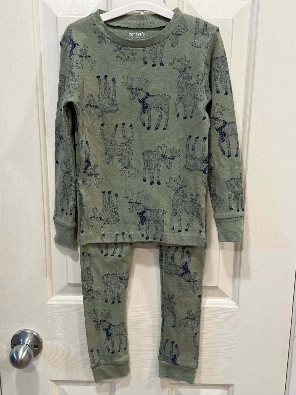 Carter's 4T Olive Green Moose Print Pajama Set with Navy Accents
